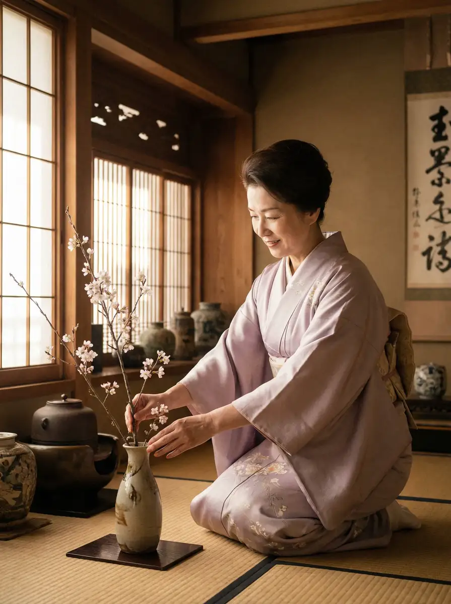 一位优雅的 乐玩娱乐平台 在和室中插花